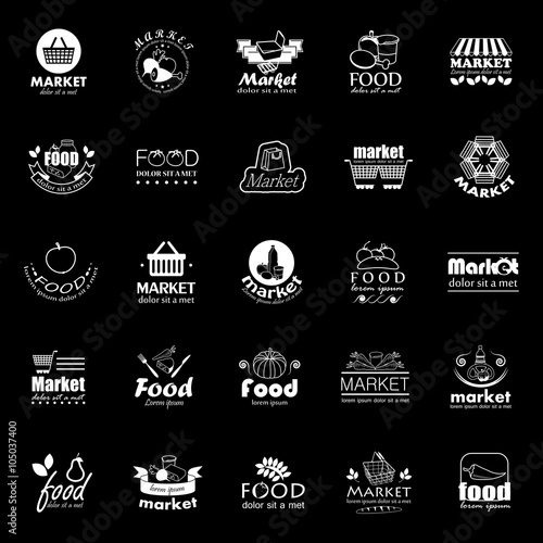 Food And Market Icons Set-Isolated On Black Background:Vector Illustration,Graphic Design.For Web,Websites,Print, App,Presentation Templates,Mobile Applications And Promotional Materials.Shopping Tag