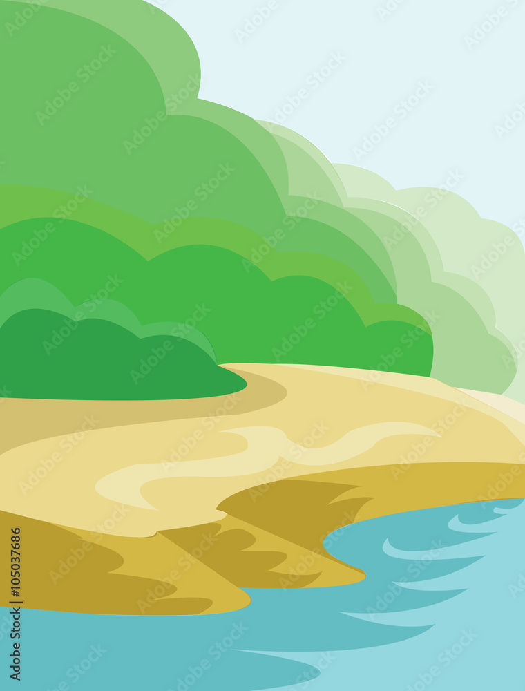 Hills Valley and Streams. Landscape view. Forest with Sand Coast, Trees, Bushes and River. Fast Stream with Rocks. Kids Book vector illustration. Digital background.