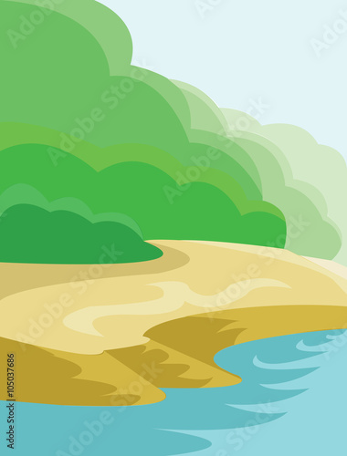 Hills Valley and Streams. Landscape view. Forest with Sand Coast  Trees  Bushes and River. Fast Stream with Rocks. Kids Book vector illustration. Digital background.