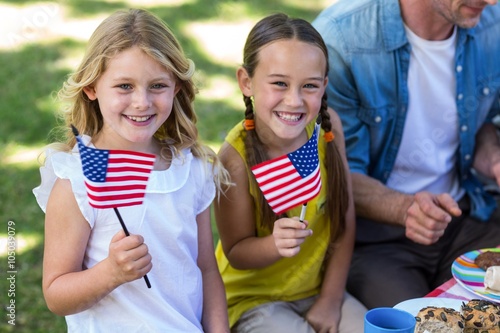 Family with American flag having a picnic photo