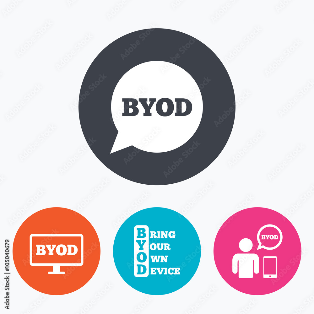 BYOD signs. Human with notebook and smartphone. BYOD signs. Human with notebook and smartphone.
