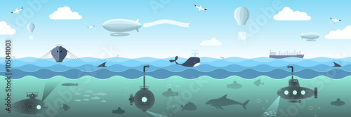 Open sea view from the submarines, fish, ships, airships