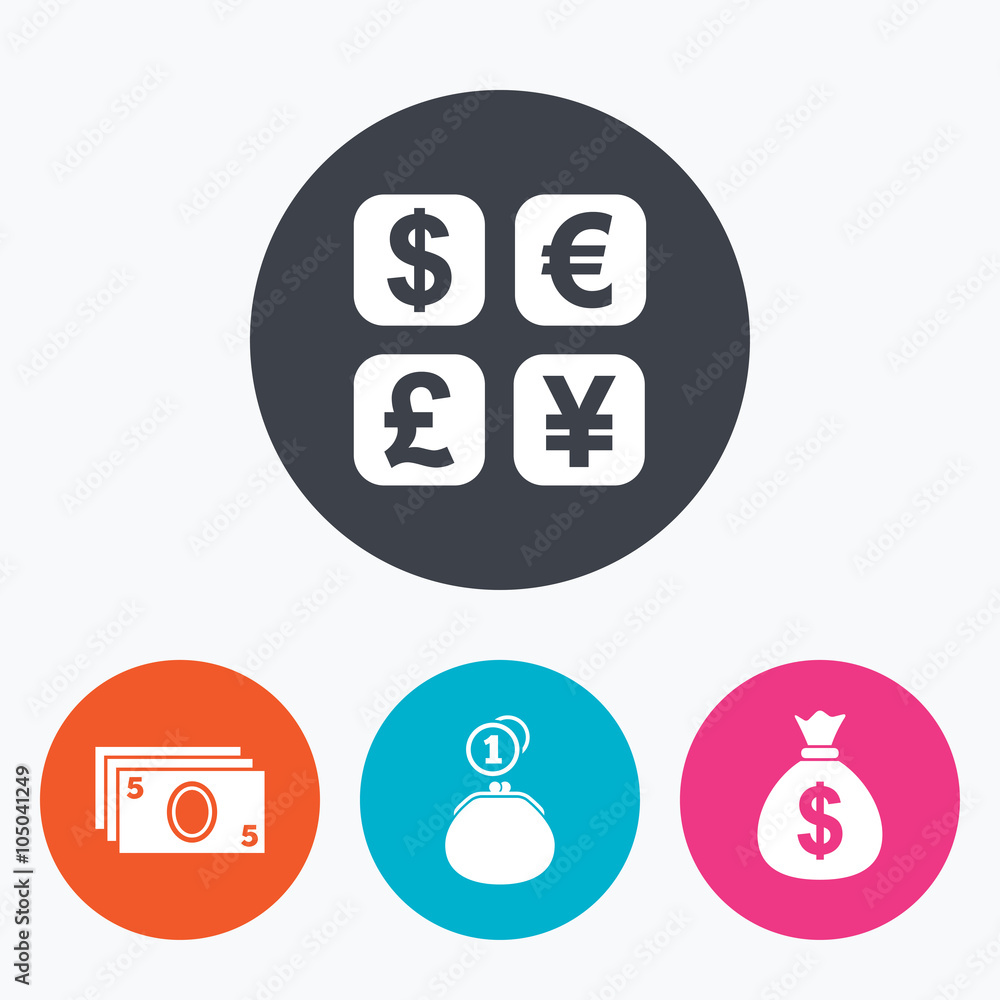 Currency exchange icon. Cash money bag, wallet. Currency exchange icon. Cash money bag, wallet.