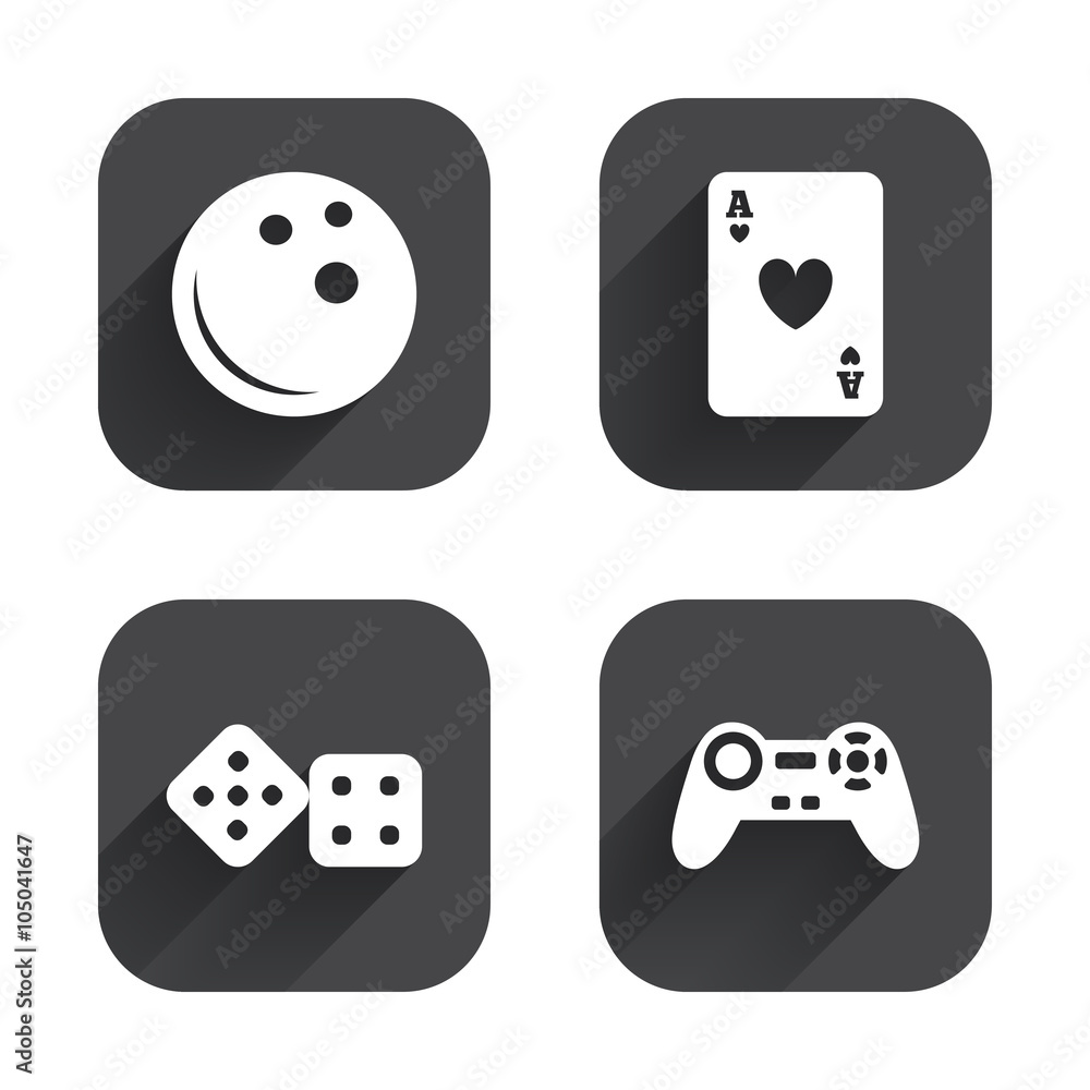 Bowling and Casino signs. Video game joystick. Bowling and Casino signs. Video game joystick.