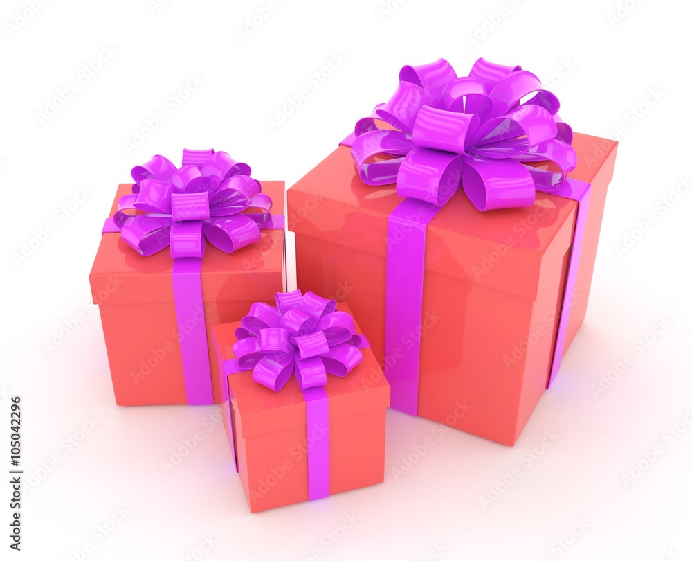 three gift boxes with bows isolated on white three gift boxes with bows isolated on white