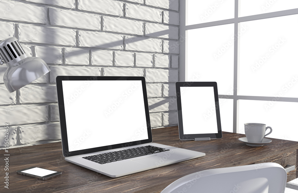 3D illustration laptop and work stuff on table near brick wall, Workspace 3D illustration laptop and work stuff on table near brick wall, Workspace