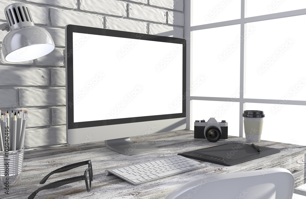 Fototapeta premium 3D illustration PC screen on table in office, Workspace