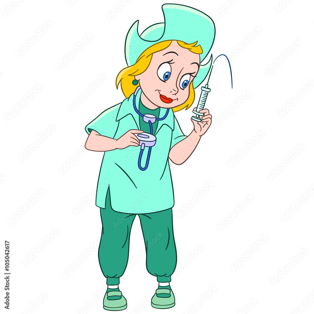 cute and friendly cartoon woman nurse (pediatric nurse, doctor) with  stethoscope and medical syringe is ready to make a shot (injection),  isolated on a white background Stock Vector | Adobe Stock