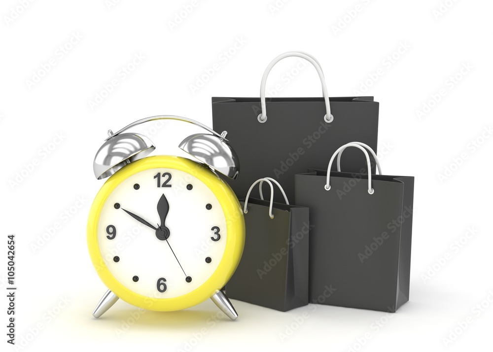 alarm clock and shopping bag (time to buy concept) alarm clock and shopping bag (time to buy concept)