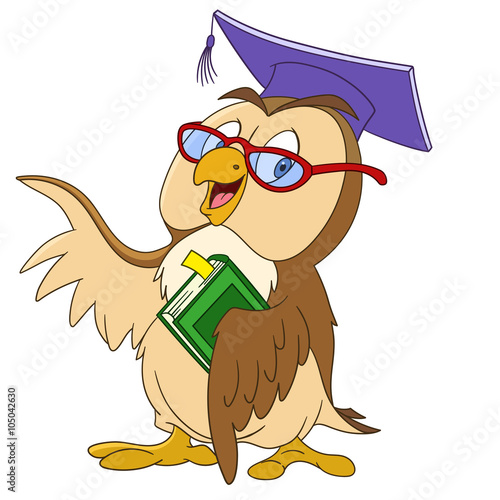 cute educated cartoon owl in a graduation cap and glasses is holding a book, isolated on a white background