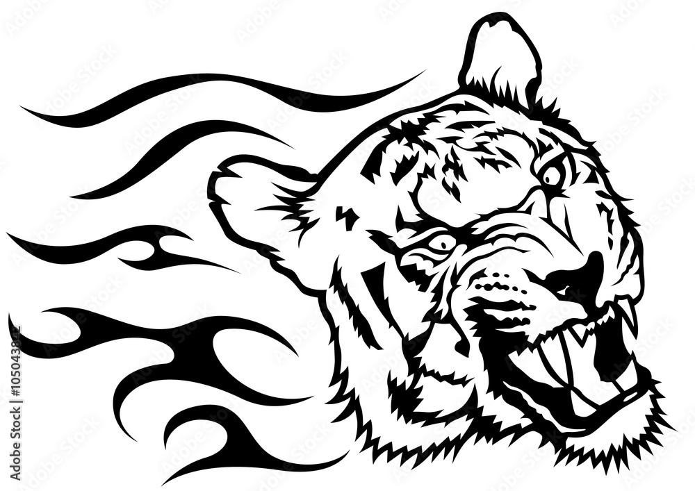 Tiger Head with Flames - Black and White Drawing Illustration, Vector Tiger Head with Flames - Black and White Drawing Illustration, Vector