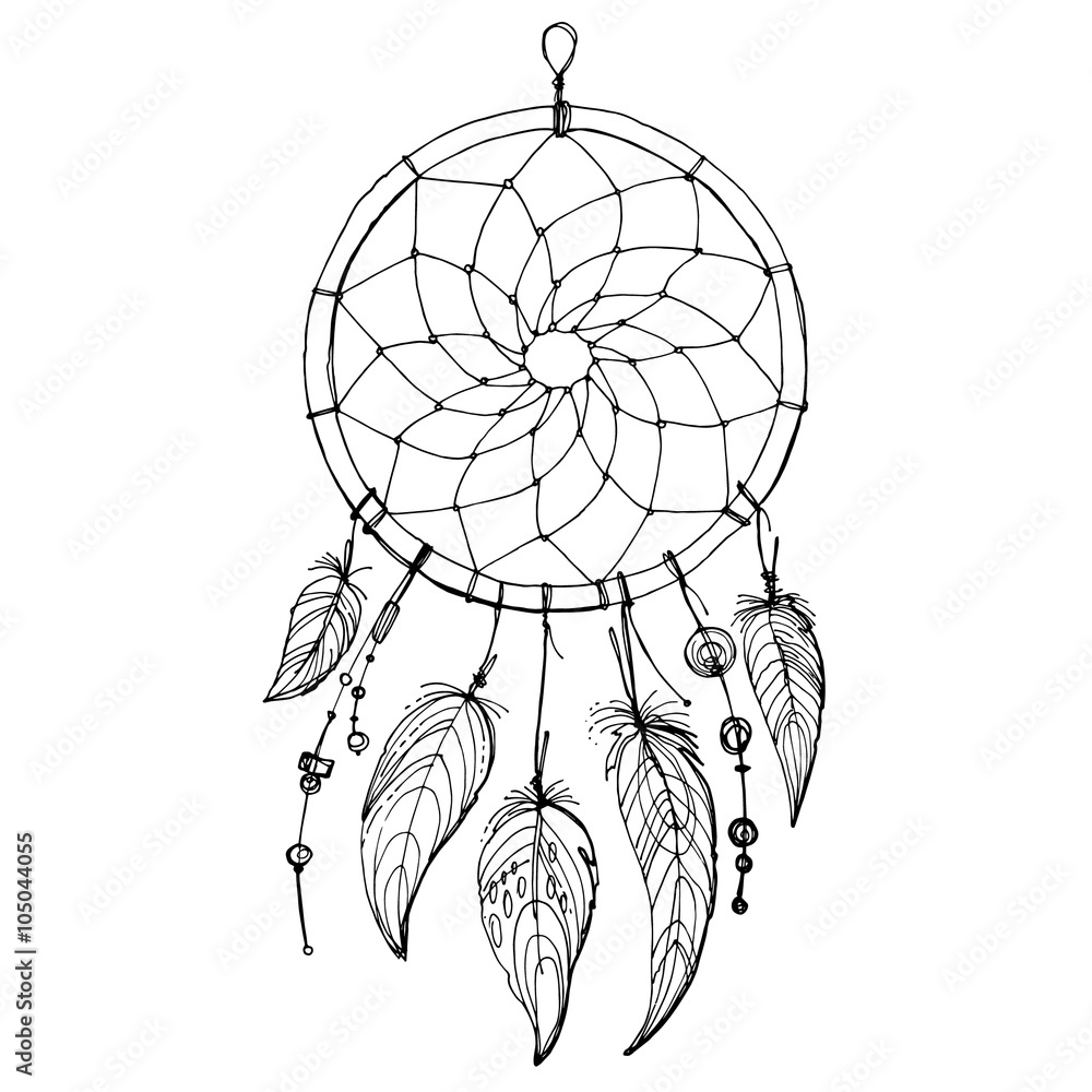 Dreamcatcher, Set of ornaments, feathers and beads. Native american indian  dream catcher, traditional symbol. Feathers and beads on white background.  Vector decorative elements hippie. Stock Illustration | Adobe Stock
