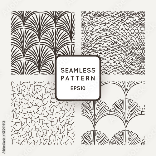Set of vector seamless patterns: a hand scales, branches and leaves