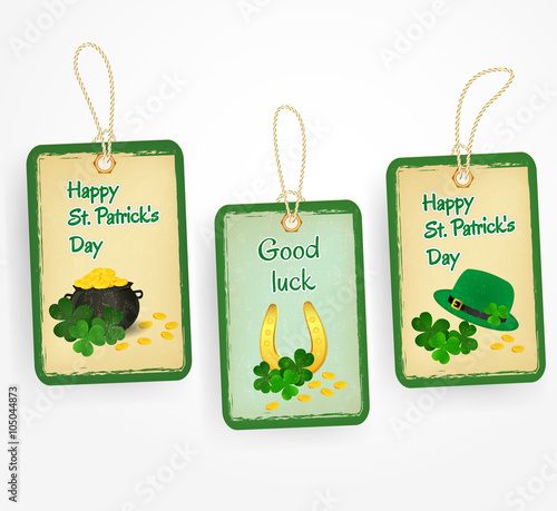 Happy St. Patrick Day stickers with Patrick's  day symbols - green hat, lucky horseshoe, clover leaves, coins and pot. Vector illustration.