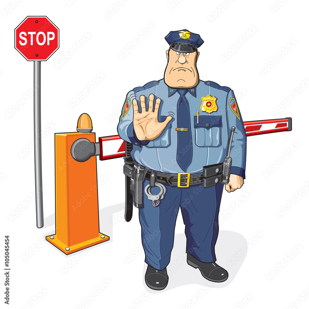 Policeman, barrier, stop sign. The ban, border, customs and immigration ...