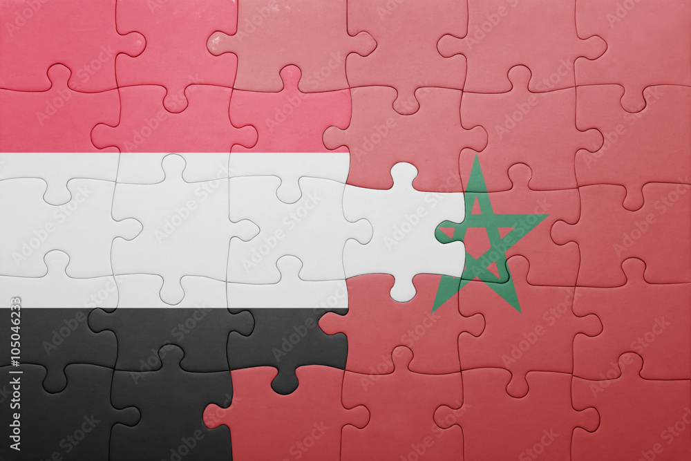Fototapeta premium puzzle with the national flag of morocco and yemen .
