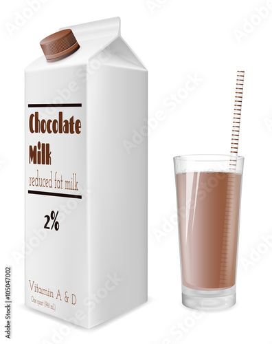 Milk carton and glass of milk. Chocolate milk