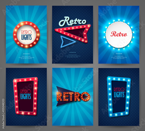 Set of brochures in retro style. Vector illustration. Retro light frames