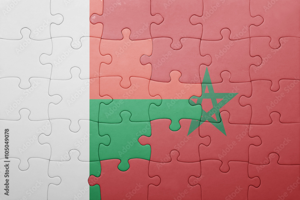 puzzle with the national flag of morocco and madagascar . puzzle with the national flag of morocco and madagascar .