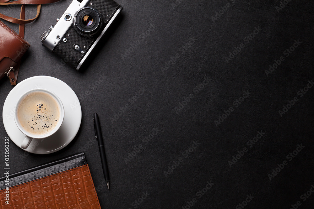 Office desk with camera, coffee and notepad - obrazy, fototapety, plakaty 