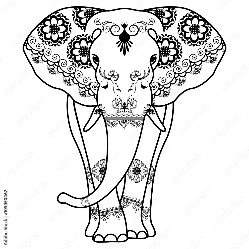 Naklejka premium Mehndi tattoo Elephant decorated in Indian style