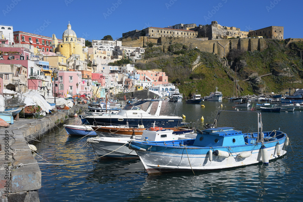 View of Marina Corricella and Terra Murata in Procida Island, Italy.