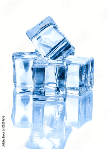 four ice cubes on white background.