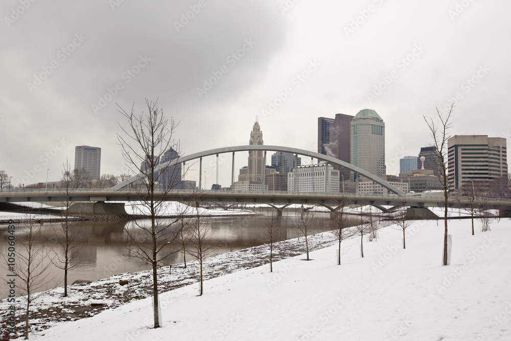Wintery view of the Columbus, Ohio skyline along the Scioto river