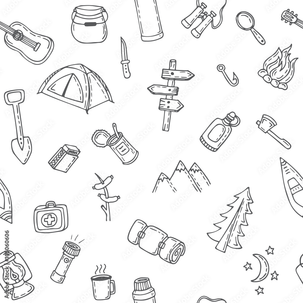 Hand drawn camping and hiking seamless pattern. Doodle camping e Hand drawn camping and hiking seamless pattern. Doodle camping e