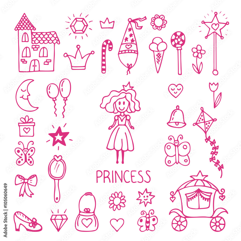 Hand drawn design elements of little princess. Sketchy fairy tal