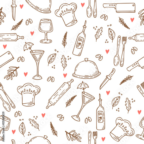 Hand drawn food seamless pattern with hearts. Sketch kitchen des