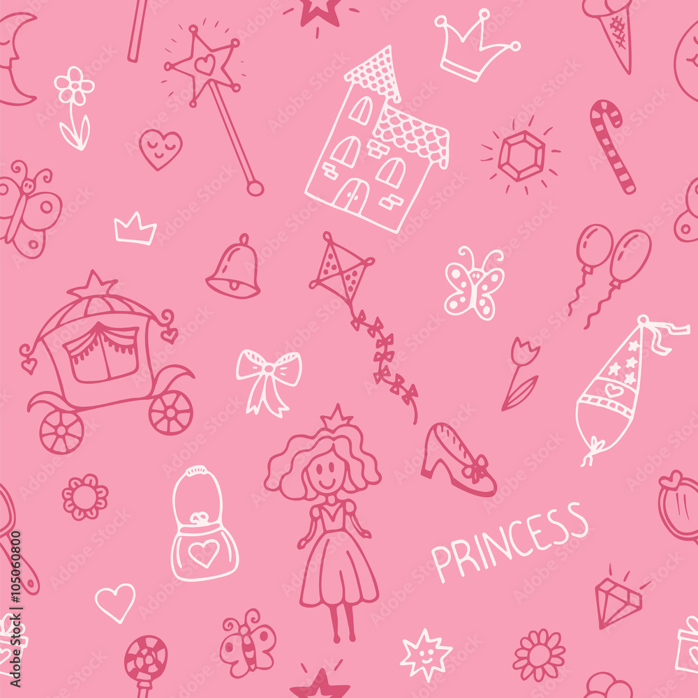 Hand drawn seamless pattern with princess girl doodle design ele Hand drawn seamless pattern with princess girl doodle design ele