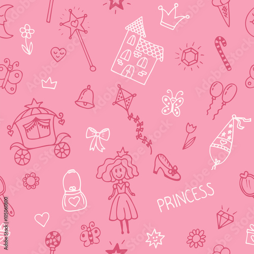 Hand drawn seamless pattern with princess girl doodle design ele