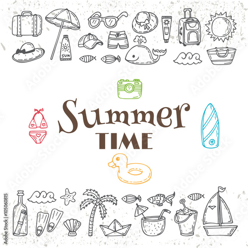 Hand drawn summer time collection. Beach theme doodle set.  Trop