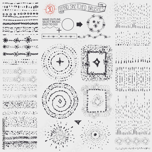 Doodle point pattern brushes,wreath,frame,burst.Black