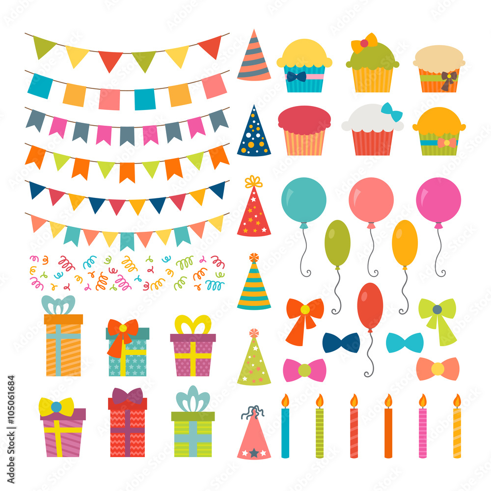 Set of birthday party design elements. Colorful balloons, flags, - obrazy, fototapety, plakaty 