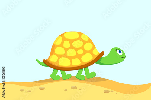 Vector  illustration of turtle,  going for a walk  on a beach