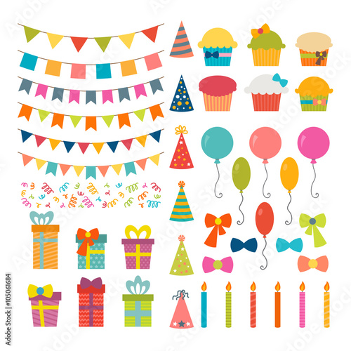 Set of birthday party design elements. Colorful balloons, flags,