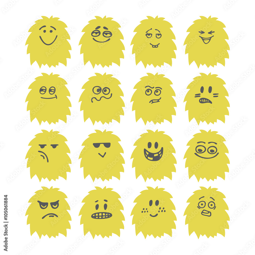 Set of hand drawn cute smiley monsters. Collection of different Set of hand drawn cute smiley monsters. Collection of different