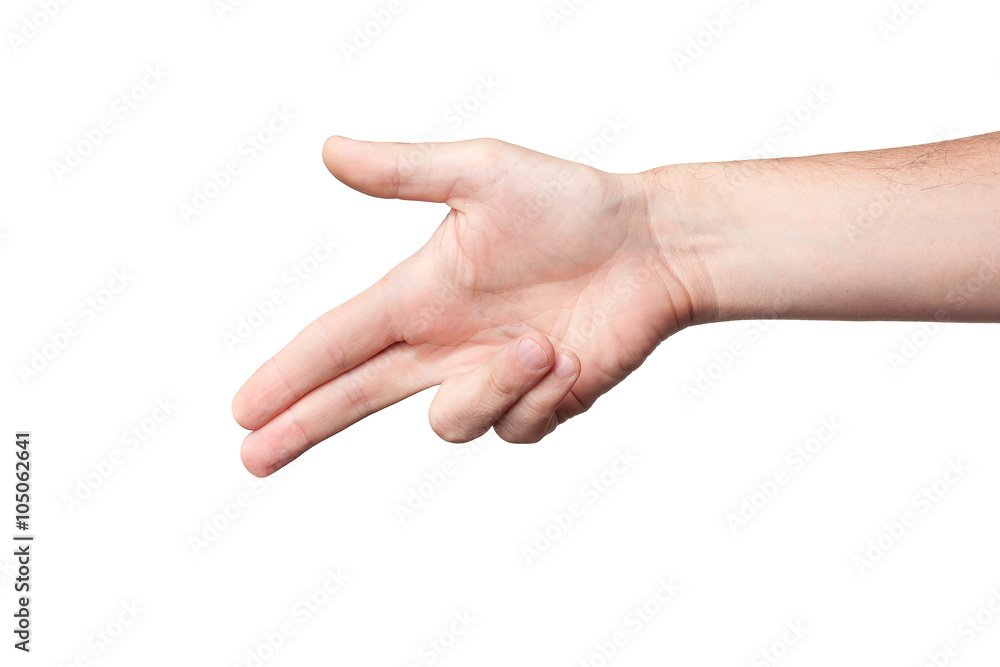 man's hand shoots fingers on a white background