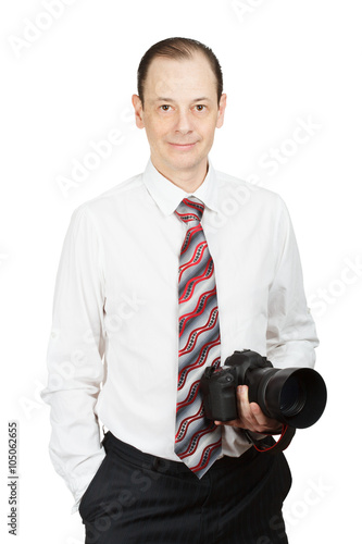 young handsome man in white shirt with a tie and a photo camera