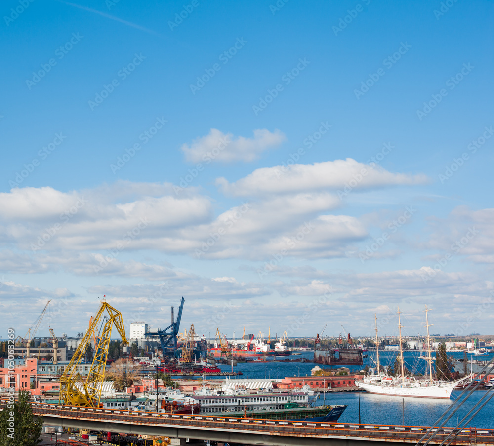 View on the port with loading cargo ship