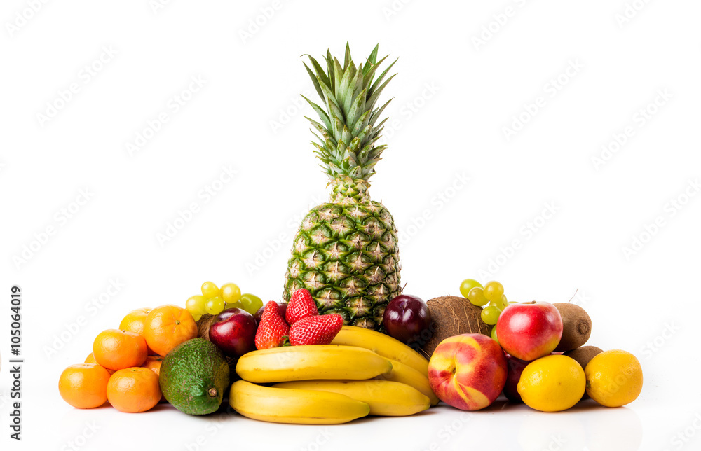 Fruits background.Healthy eating.  exotic fruits isolated on whi