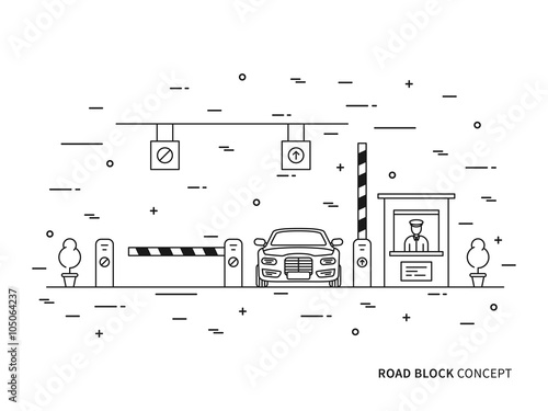 Road checkpoint station (pay-gate, tourniquet) linear vector illustration. Road barrier stop gate creative graphic concept. Road traffic security entrance graphic design.