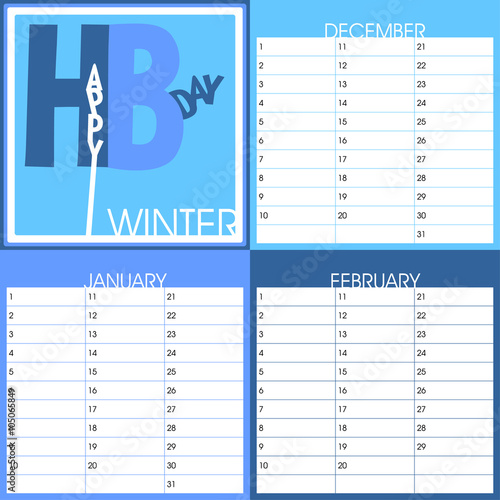 text art seasonal birthday calendar, winter months including december, january and february, vector, eps10