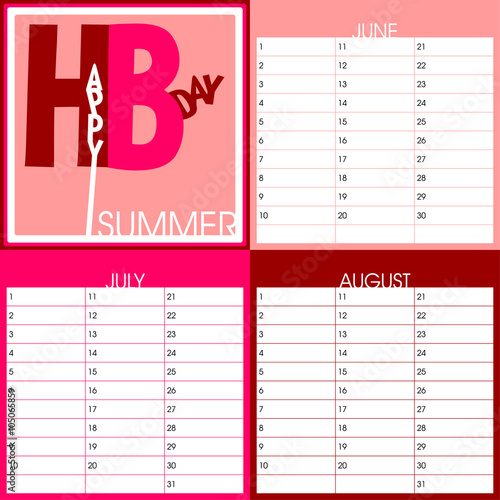 text art seasonal birthday calendar, summer months including june, july and august, vector, eps10