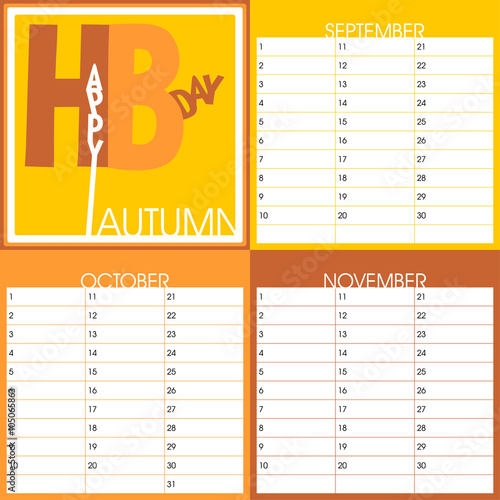 text art seasonal birthday calendar, autumn months including september, october and november, vector, eps10