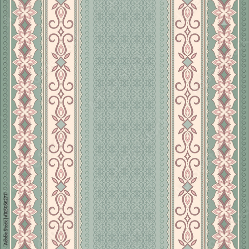 Filigree beige seamless border on green background.