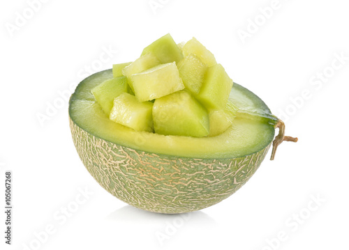 Photography half and portion cut ripe honeydew melon on white background