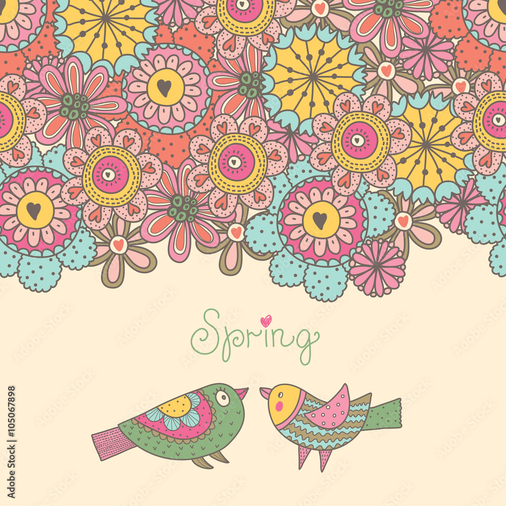 Cute spring motif. Vector postcard with birds and flowers.